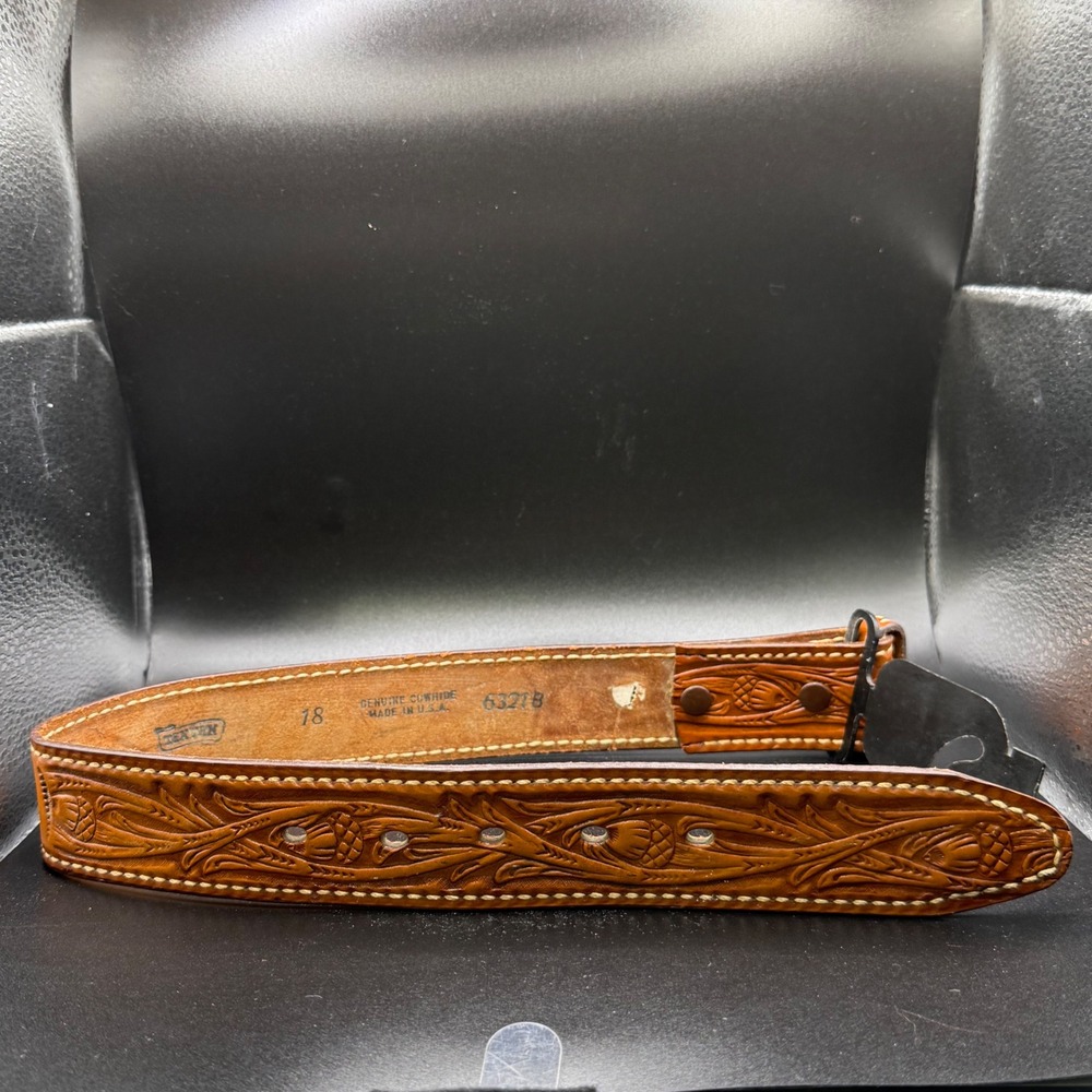 Vintage Kids Justin Tooled Leather Belt Western‎ Style Brown Made in USA